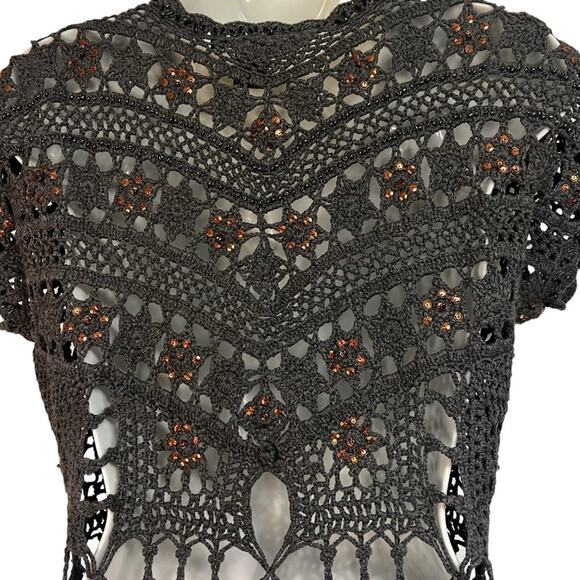 Boston Proper | XS Smoky Gray Lacy Crochet Look Open Weave Cardigan, Fabric Bow - Picture 16 of 16